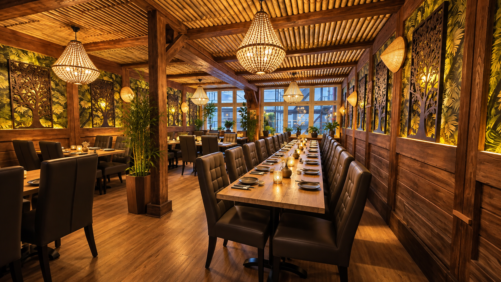 Eleganter Eventbereich mit langer Tafel und grünen Samtstühlen
