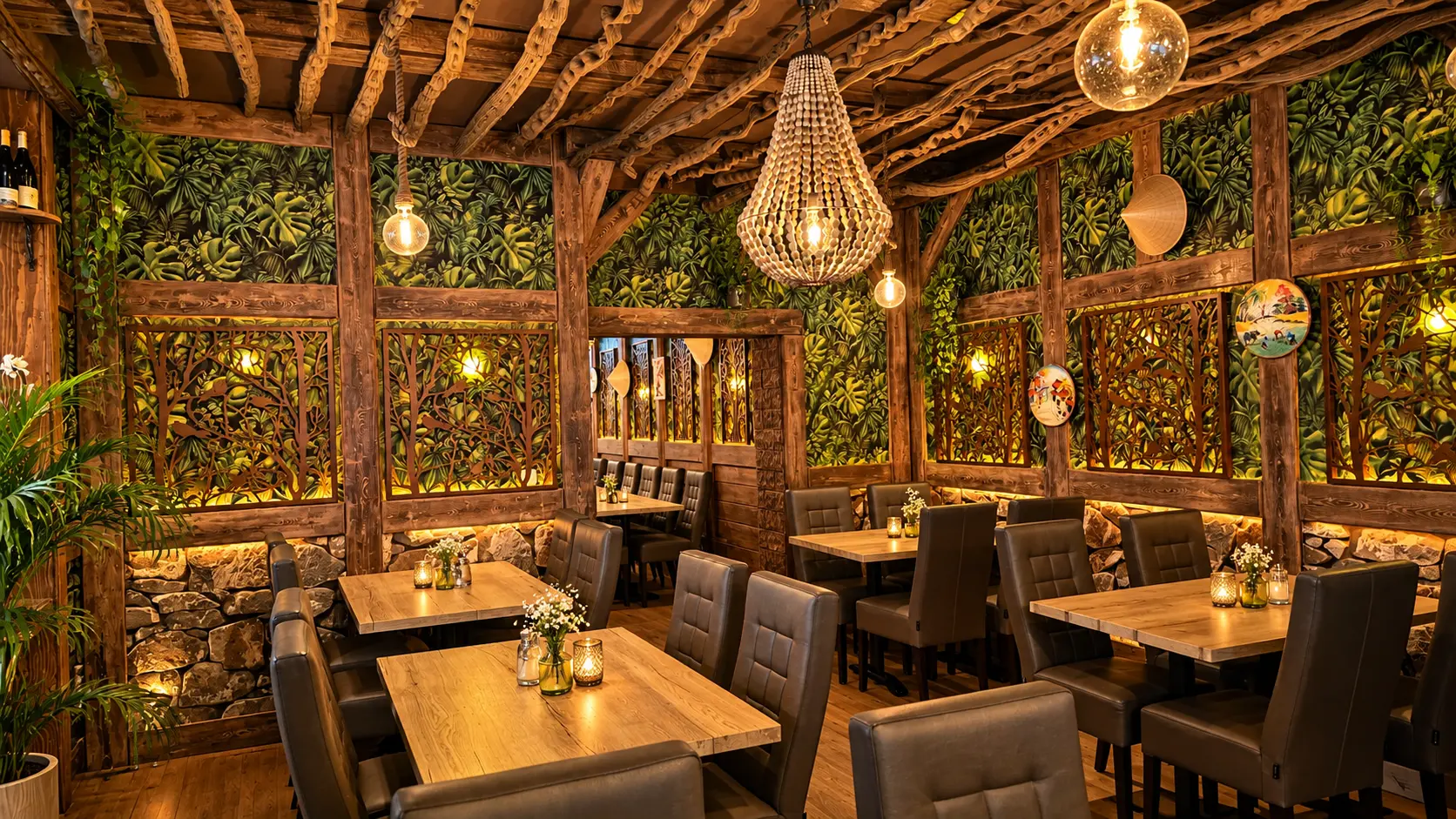 Restaurantbereich mit Steinmauer