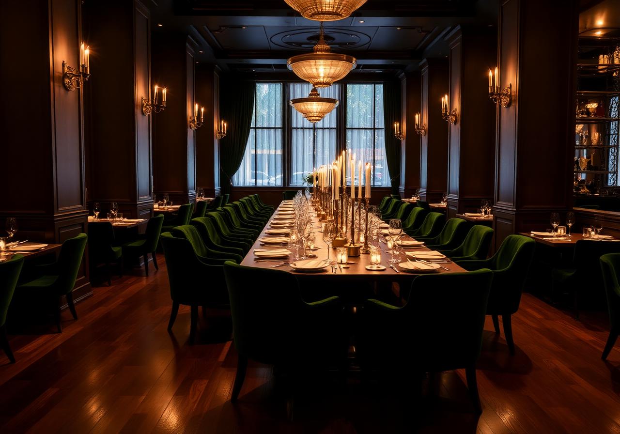 Eleganter Eventbereich mit langer Tafel und grünen Samtstühlen